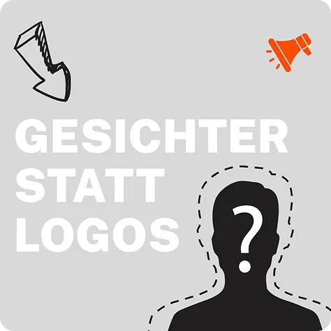 Blogartikel „Gesichter statt Logos“ von PIE Marketing, Silhouette mit Fragezeichen, Pfeil und Megafon-Icon, Branding-Tipp