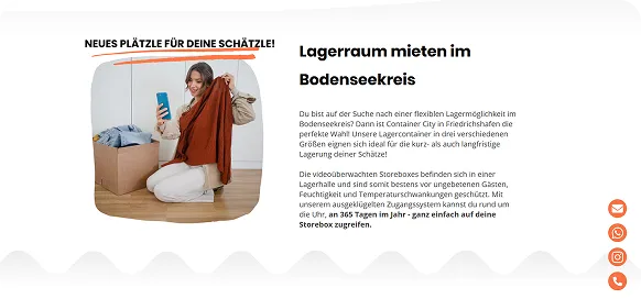 Website-Design für Container City mit Branding-Text und Bild zum Lagerrraum mieten im Bodenseekreis