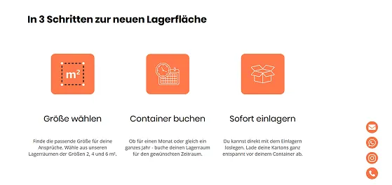 Drei Schritte zur Lagerfläche - Ablaufplan von PIE Marketing auf der Website von Container City Bodensee