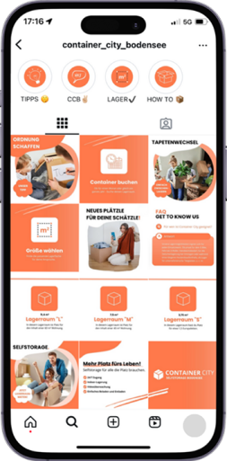 Instagram-Profil von container_city_bodensee mit Selfstorage-Posts und Social Media Strategien von PIE Marketing