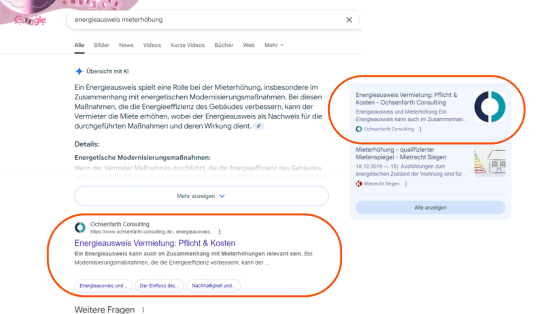 Google-Suchergebnisse für „energieausweis mieterhöhung“, Beispiel für erfolgreiche Suchmaschinenoptimierung Agentur und SEO Marketing Agentur