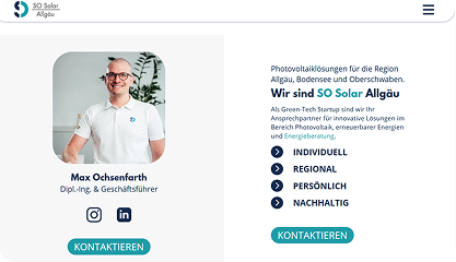 Kontaktseite von SO Solar Allgäu mit Geschäftsführer-Profil und Corporate Branding